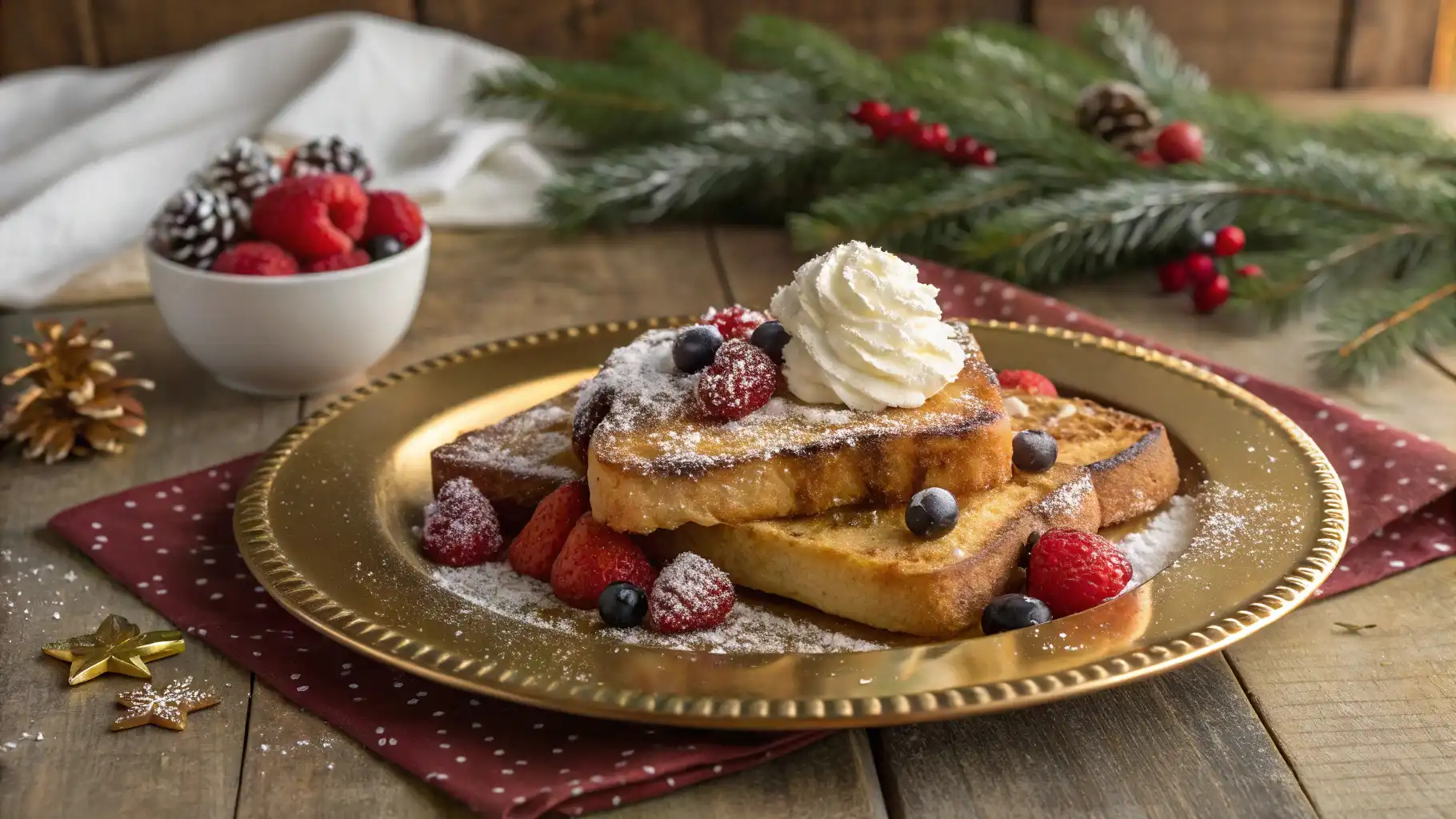 A plate of golden eggnog French toast topped with whipped cream and fresh fruit.