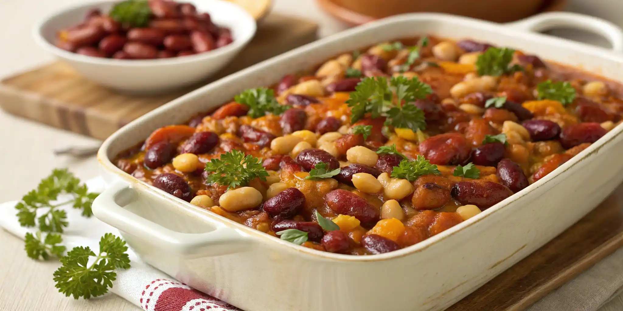 A casserole dish filled with colorful calico beans, garnished with parsley.