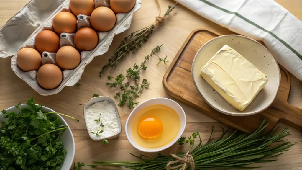 Boursin Scrambled Eggs - Creamy Breakfast Delight 2 Boursin cheese, eggs, butter, and herbs on a wooden countertop.