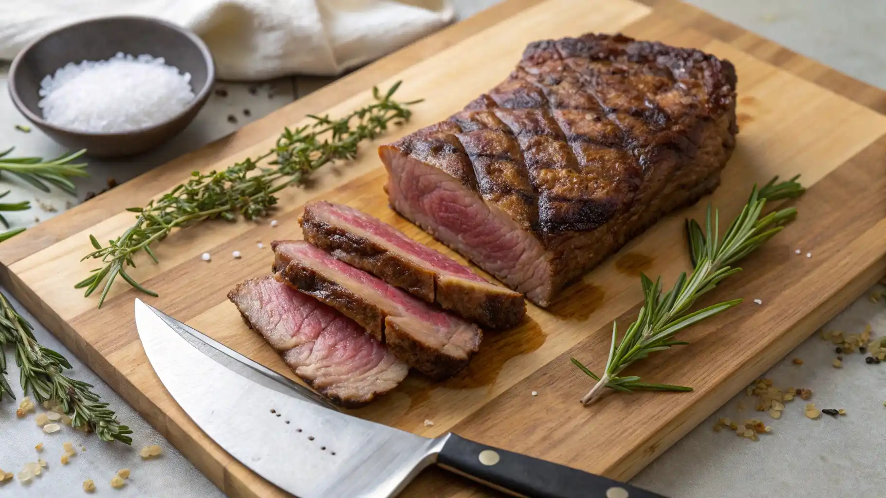 cooked sous vide steak on a wooden cutting board