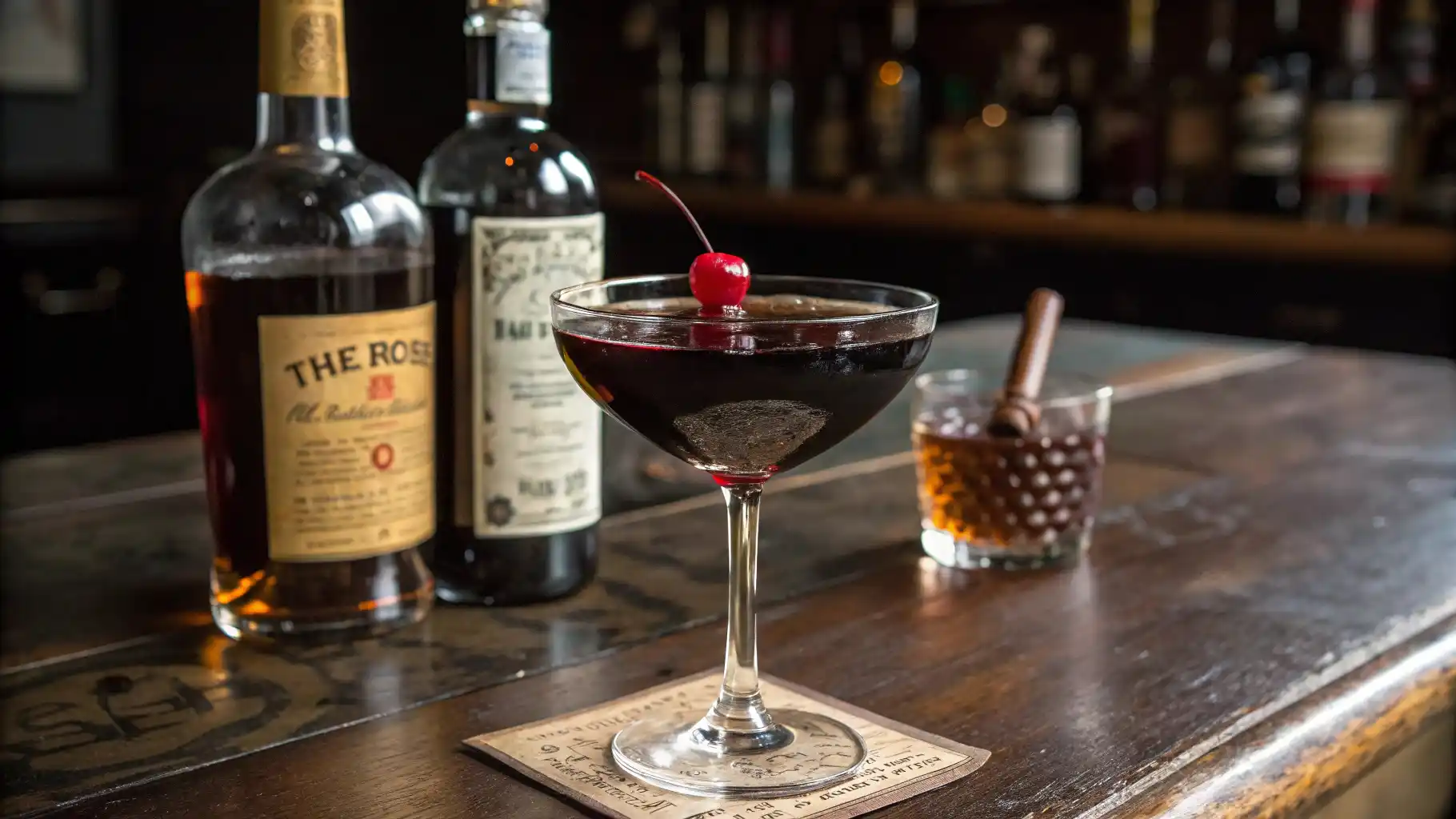 A perfectly mixed Black Manhattan cocktail in a coupe glass with a cherry garnish.