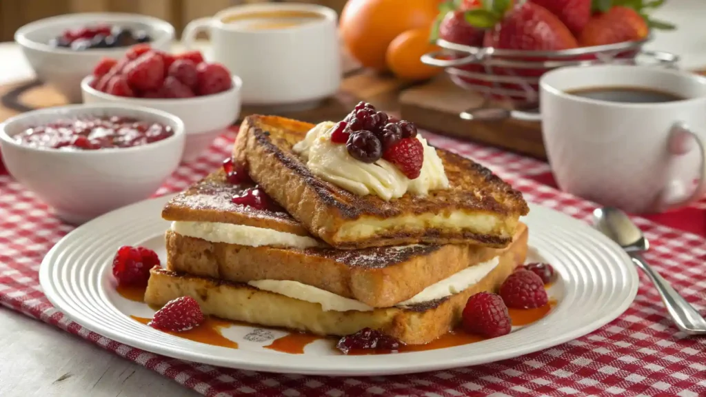 Eggnog French Toast 3 Stuffed eggnog French toast with cream cheese and fruit preserves.