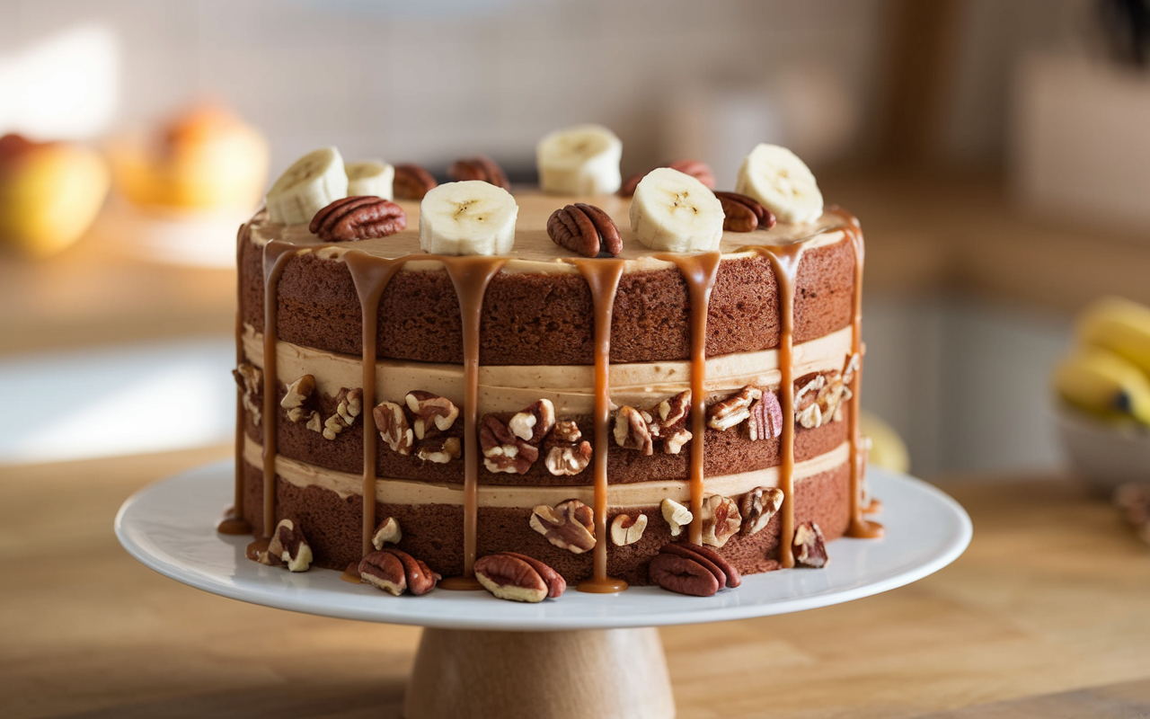 banana pecan caramel layer cake