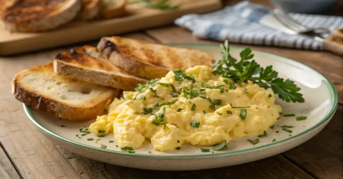 A plate of creamy Boursin scrambled eggs garnished with fresh herbs.