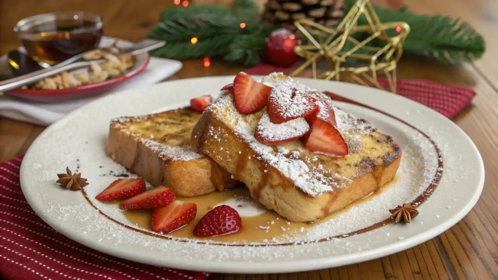 Eggnog French Toast 2 A plate of eggnog French toast served with powdered sugar, syrup, and fresh fruit.