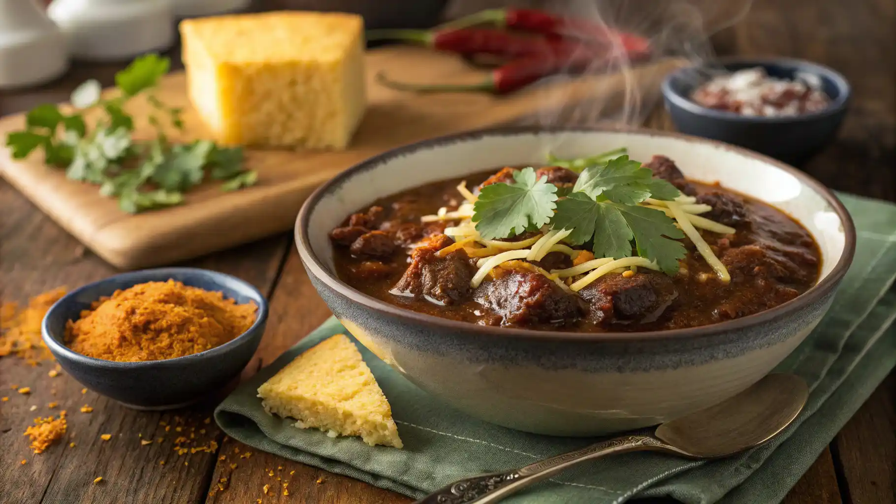 A steaming bowl of venison chili garnished with cheese and cilantro.