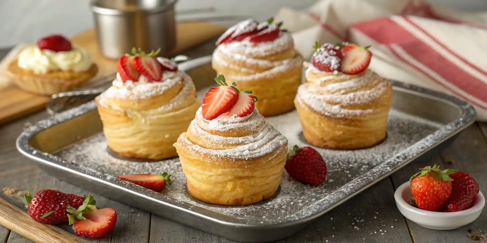 A tray of freshly baked strawberries and cream cruffins, dusted with powdered sugar.