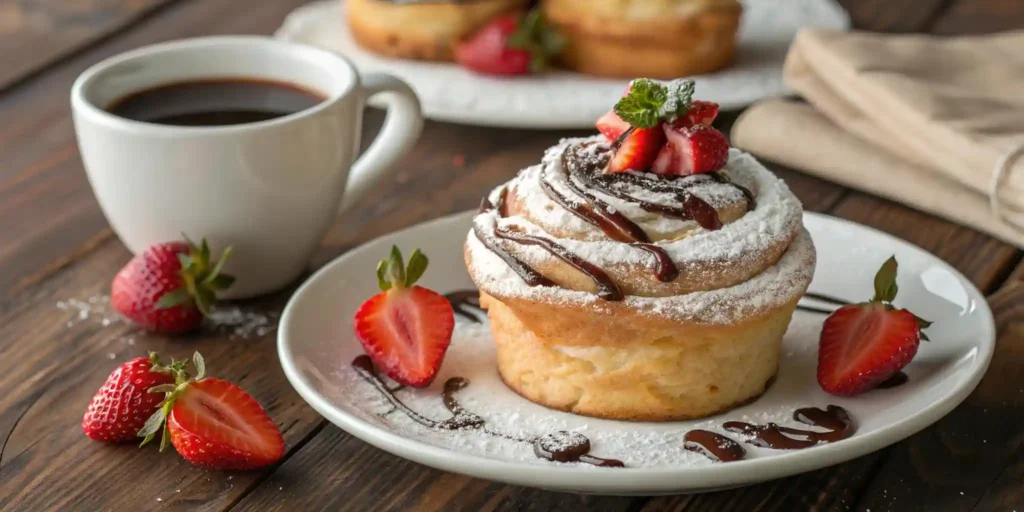 Strawberries and Cream Cruffins 3 Strawberries and cream cruffins served on a plate with fresh fruit and a drizzle of chocolate.
