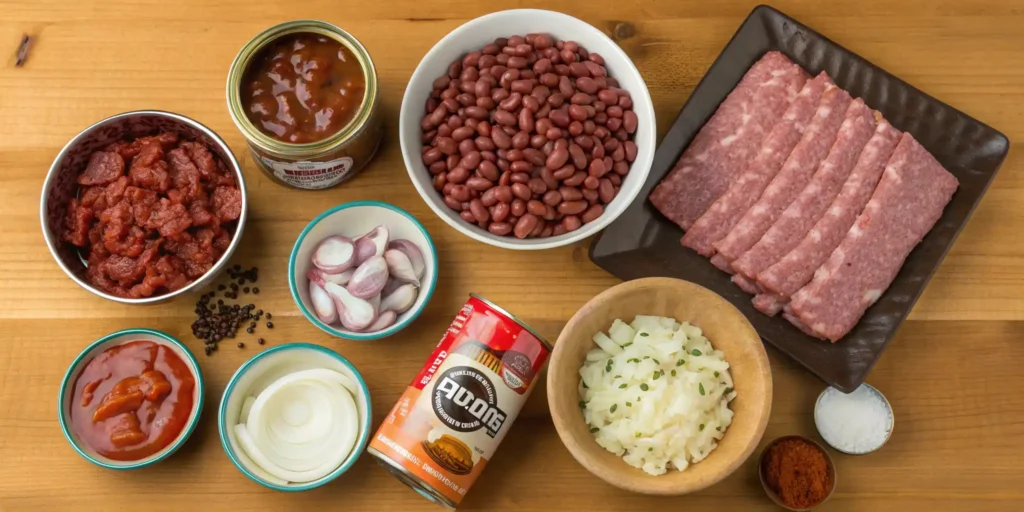Calico Beans Recipe - A Hearty and Flavorful Dish 2 Key ingredients for calico beans including beans, ground beef, bacon, and seasonings.