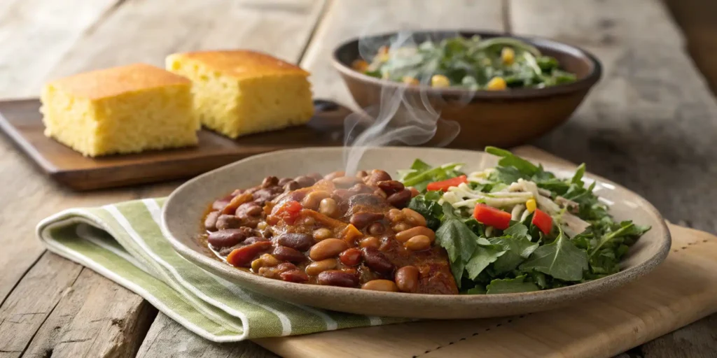 Calico Beans Recipe - A Hearty and Flavorful Dish 3 Calico beans served alongside cornbread and a green salad.