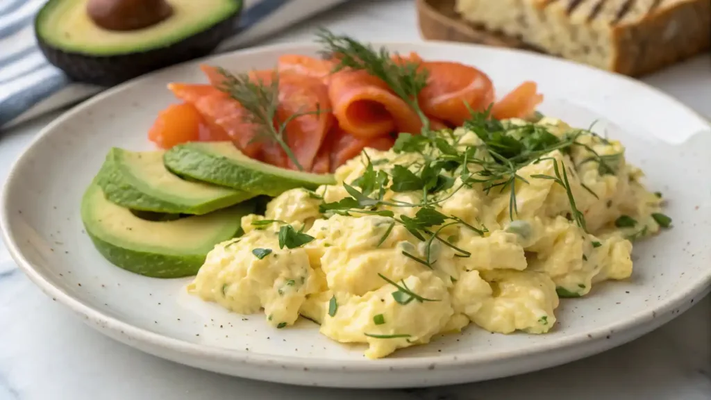 Boursin Scrambled Eggs - Creamy Breakfast Delight 3 Boursin scrambled eggs served with avocado and smoked salmon.