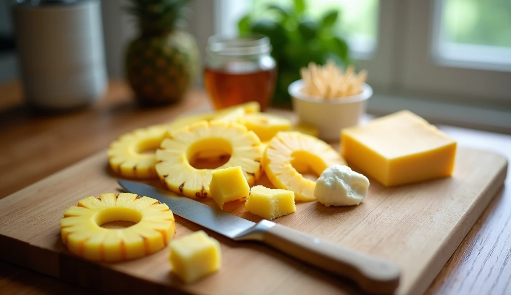 pineapple rings and blocks of cheddar