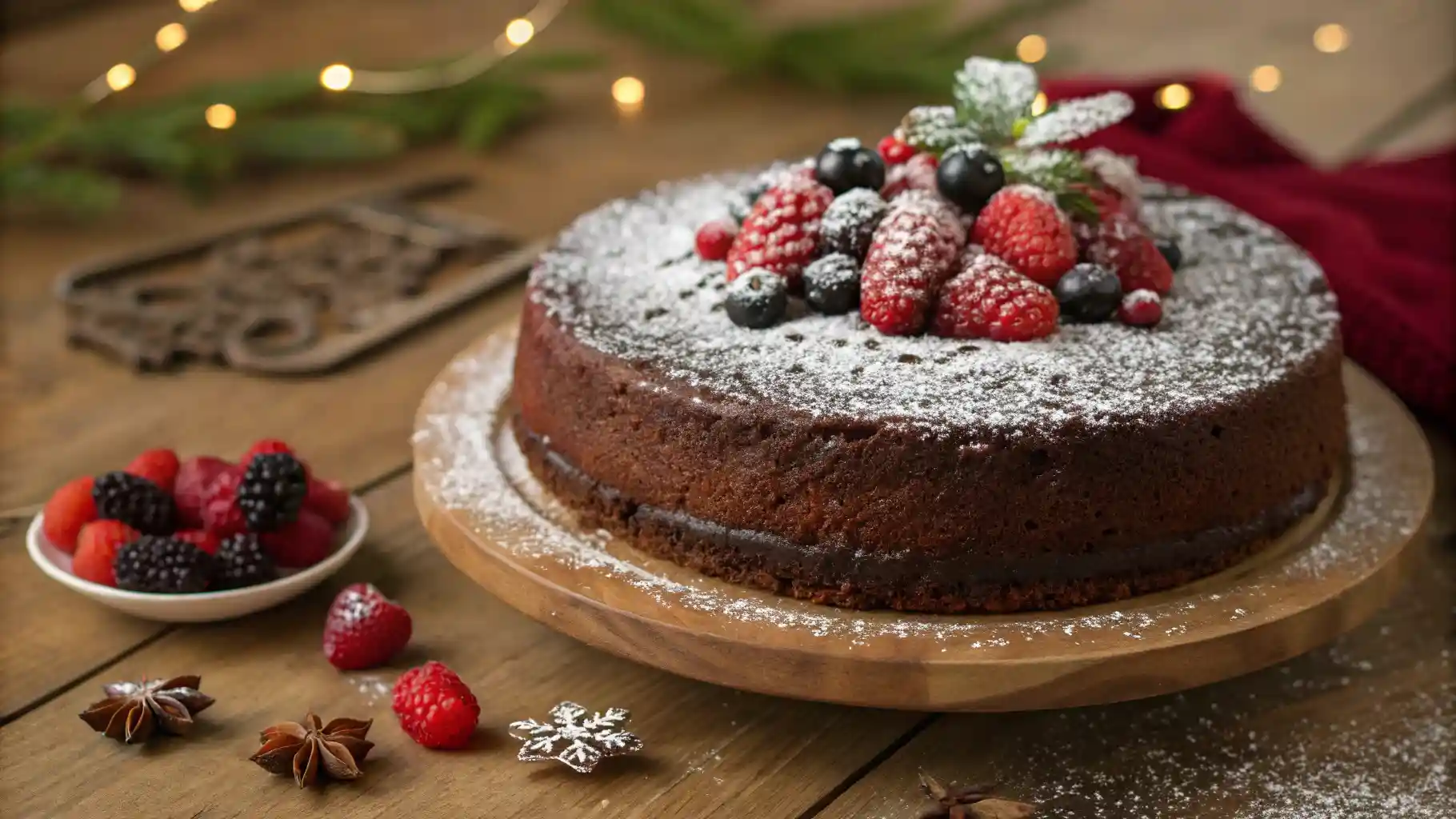 A rich chocolate craving cake topped with powdered sugar and fresh berries.