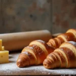 Ingredients and tools for making croissants on a kitchen counter.