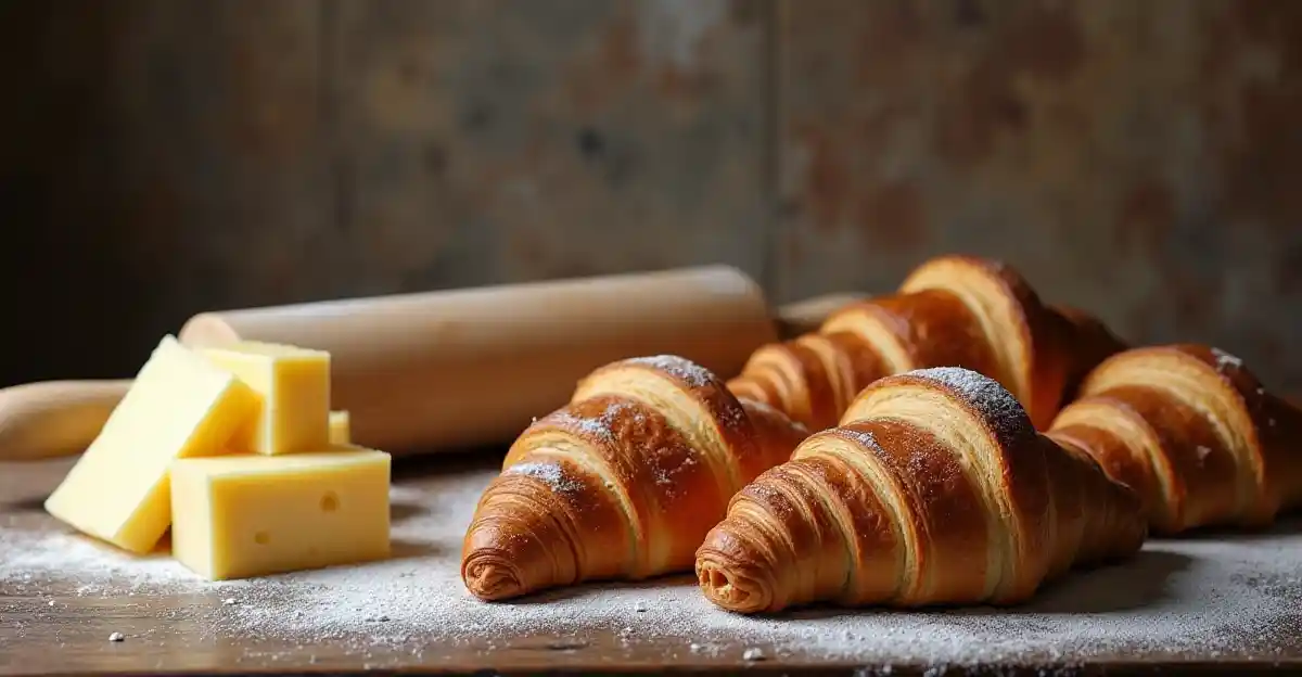 Ingredients and tools for making croissants on a kitchen counter.