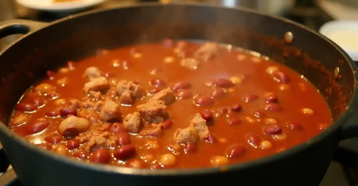 A pot of chili simmering on the stovetop, filled with chunks of meat, beans, and spices.