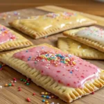 Freshly baked and decorated Pop Tarts on a wooden table.