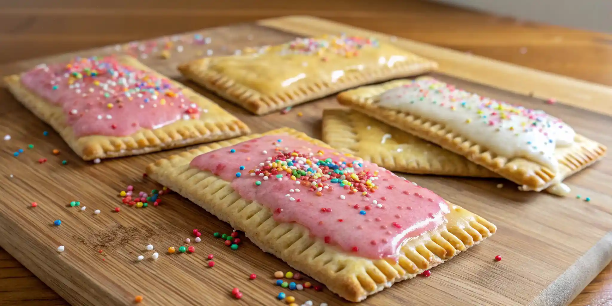 Freshly baked and decorated Pop Tarts on a wooden table.