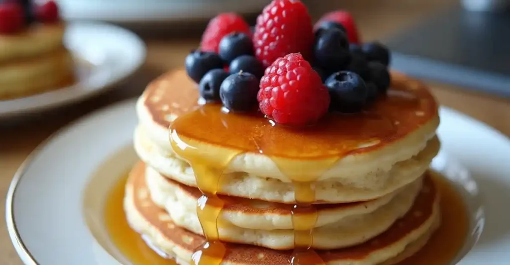 What Can I Make Instead of Eggs for Breakfast? 3 A stack of egg-free pancakes topped with fresh berries and maple syrup.