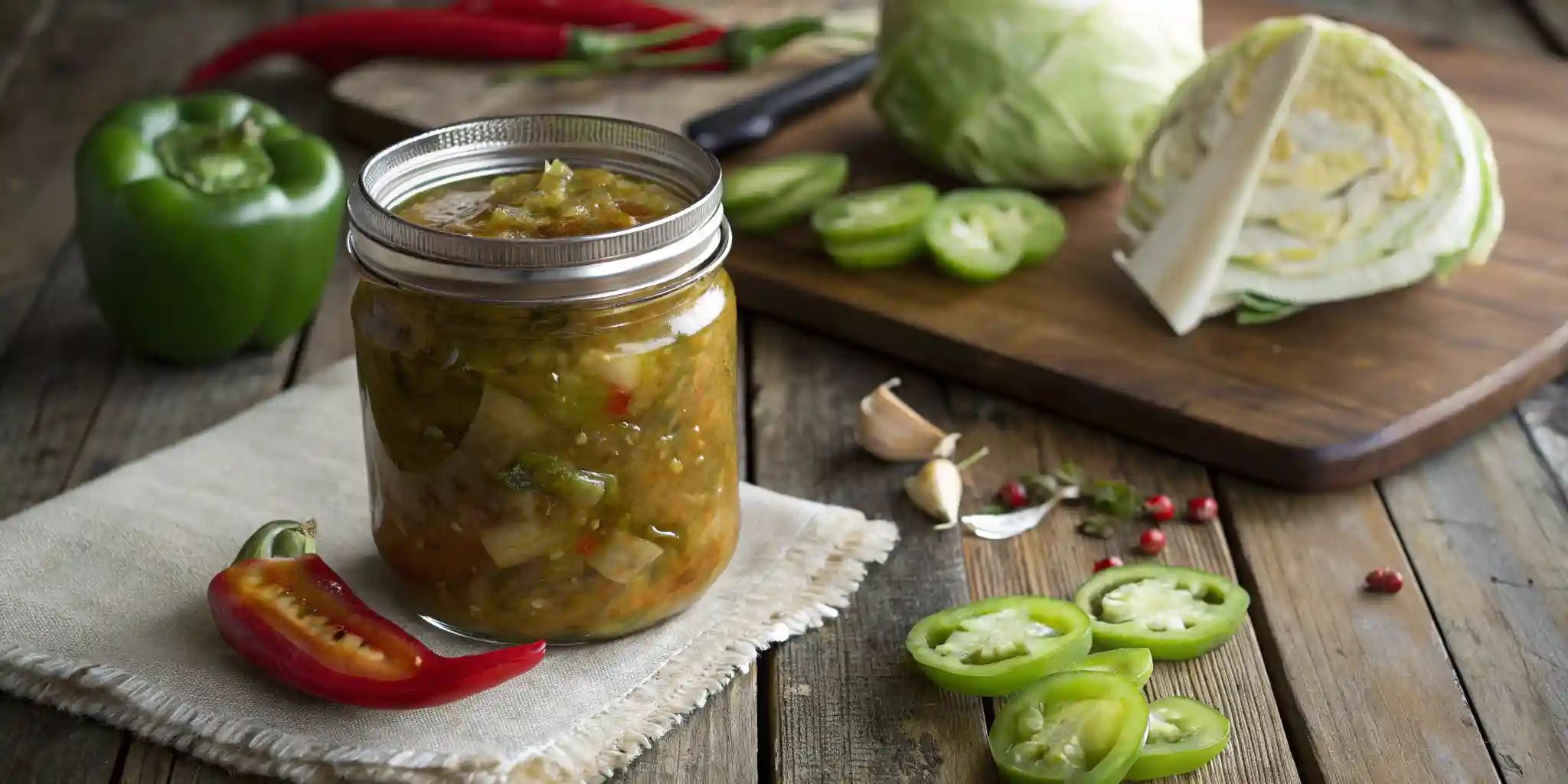 A jar of homemade chow chow relish on a rustic wooden table with vegetables scattered around.