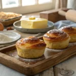 Freshly baked Gipfeli on a rustic wooden tray in a sunny kitchen.