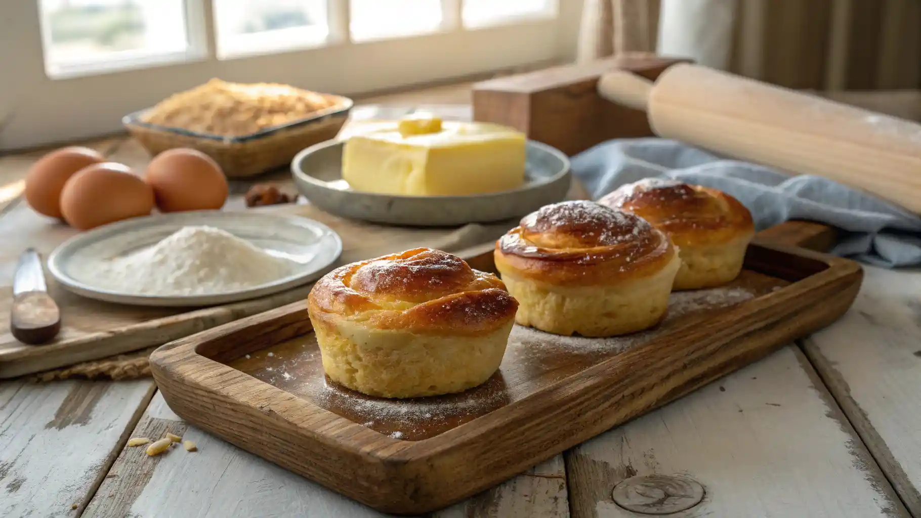 Freshly baked Gipfeli on a rustic wooden tray in a sunny kitchen.