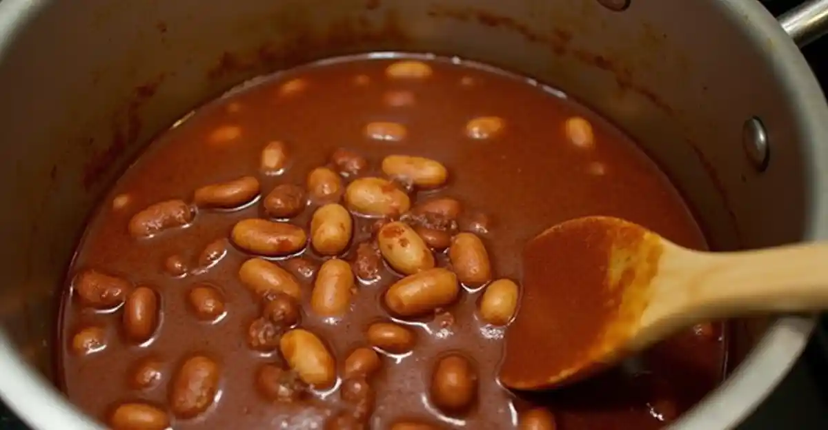 A pot of thickened calico beans with a wooden spoon resting on the edge