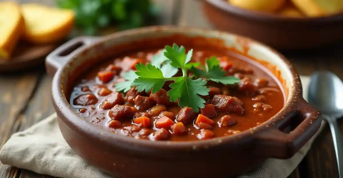 A bowl of deer chili garnished with fresh cilantro, served with cornbread on a rustic table.