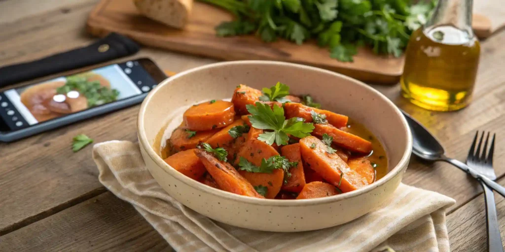 Honey-glazed sous vide carrots arranged in a bowl with parsley garnish.