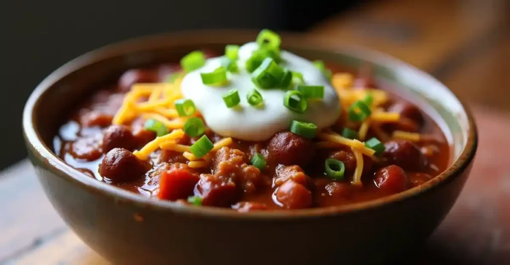 What Is the Best Meat for Chili? 2 A bowl of venison chili topped with sour cream and green onions.
