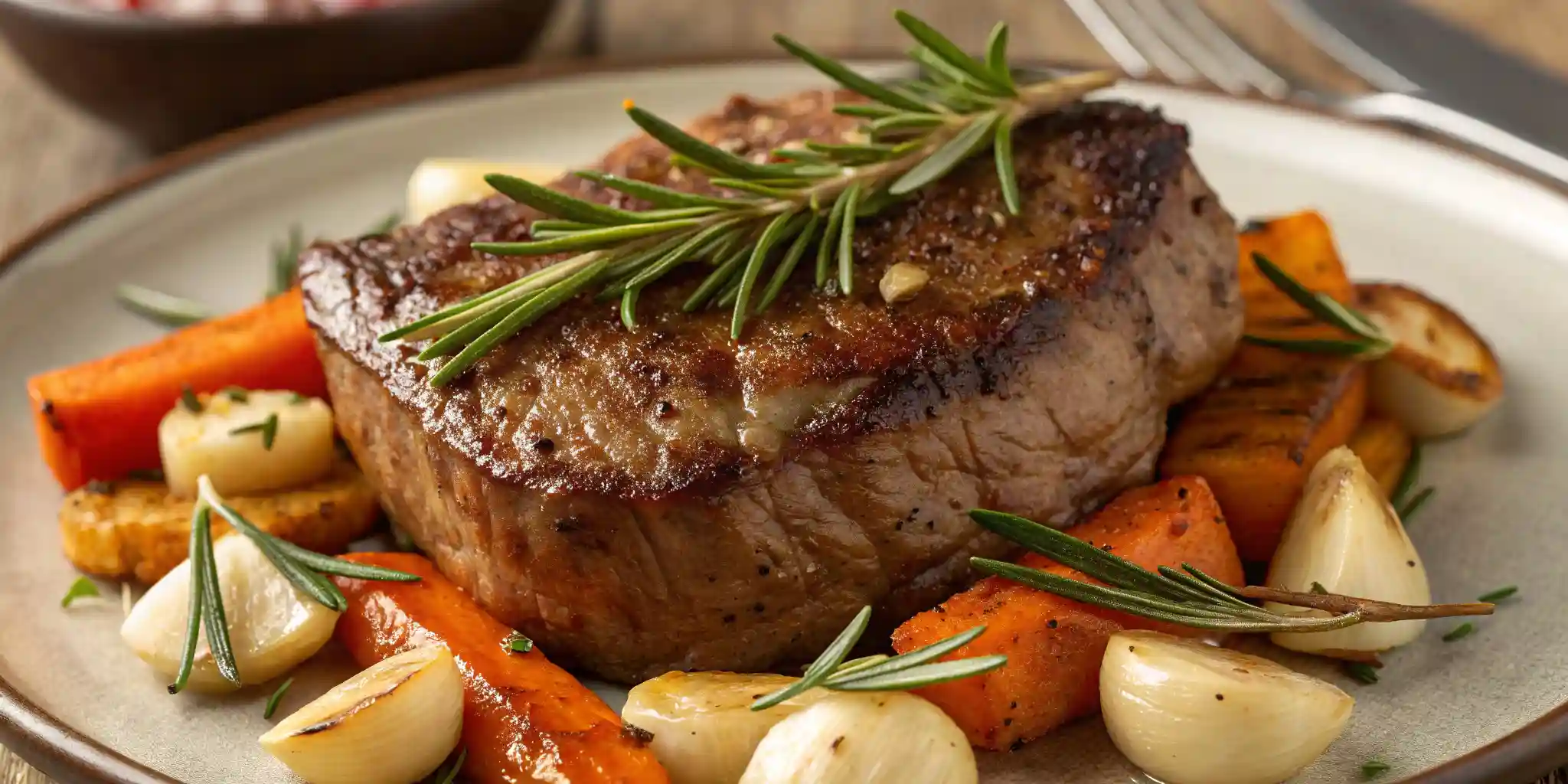 A sous vide steak with a golden-brown seared crust, garnished with fresh rosemary.