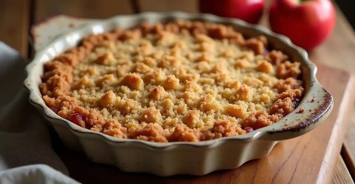 A freshly baked apple crumble in a rustic dish with a golden-brown topping.