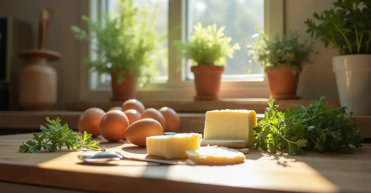 Ingredients for a Boursin omelet casually placed on a kitchen counter.