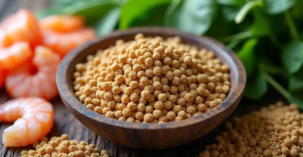 A bowl of homemade fish feed pellets next to raw ingredients like spinach, shrimp, and fish meal.