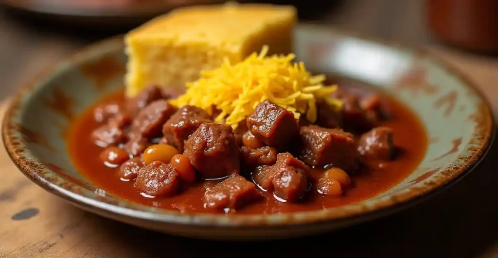 What Is the Best Meat for Chili? 3 A serving of Texas-style chili with chunks of beef and a side of cornbread.
