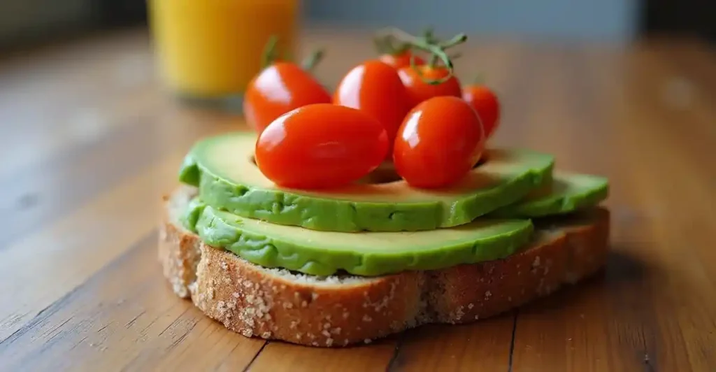What Can I Make Instead of Eggs for Breakfast? 2 Avocado toast topped with cherry tomatoes and red pepper flakes on a plate.