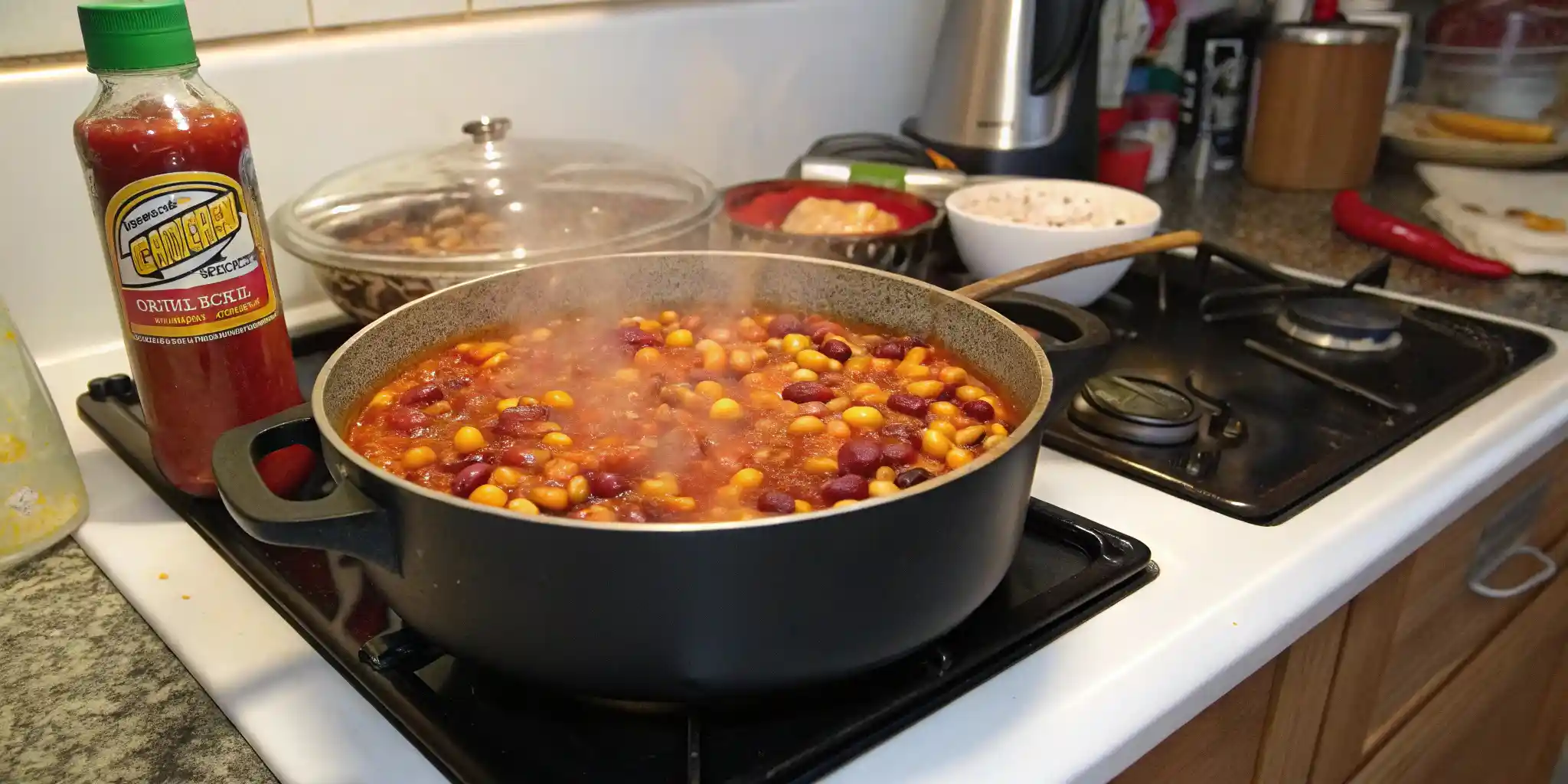 A pot of simmering calico beans on a stovetop.