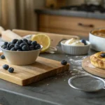 Ingredients for Lemon Blueberry Danish on a rustic countertop.