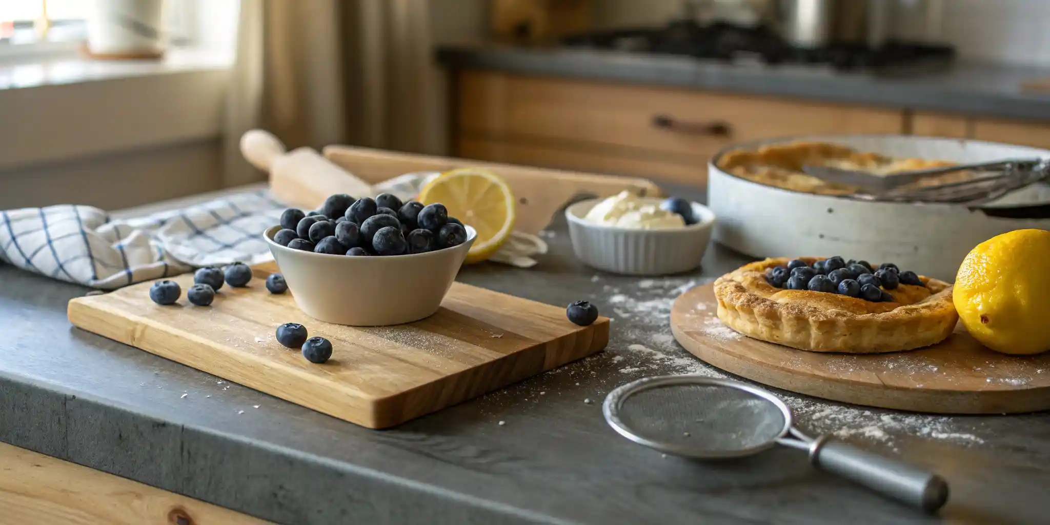 Ingredients for Lemon Blueberry Danish on a rustic countertop.