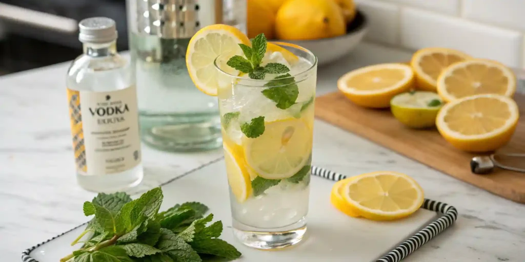 Infused citrus vodka prepared sous vide, served in a glass with lemon slices and herbs.