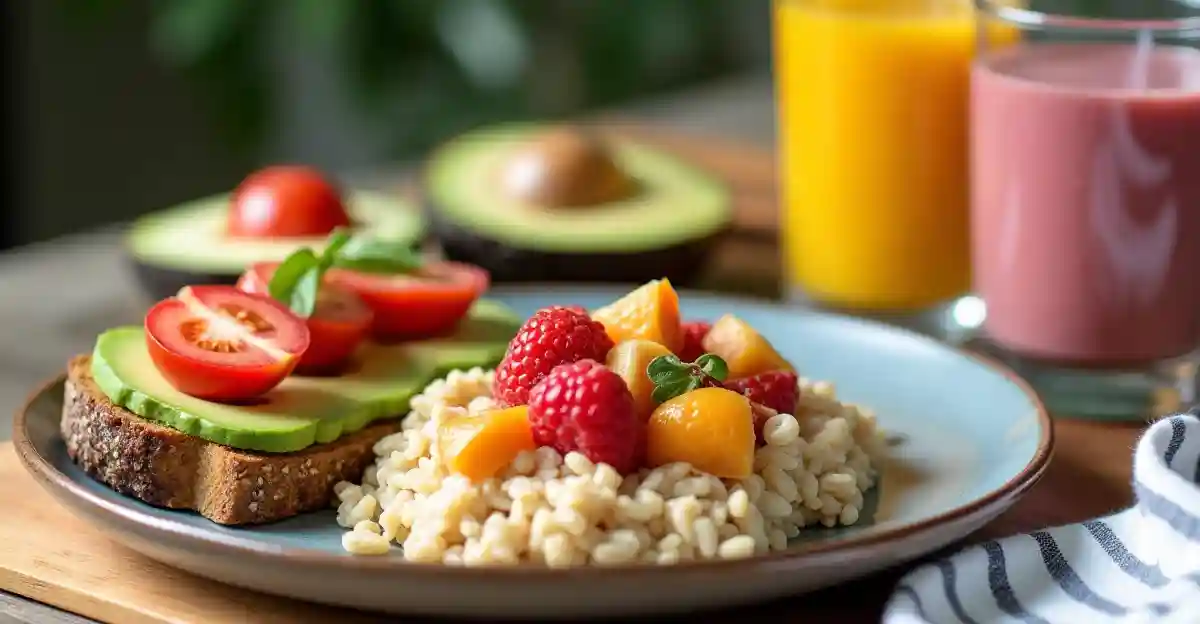 A colorful breakfast spread featuring avocado toast, oatmeal with toppings, and a smoothie.