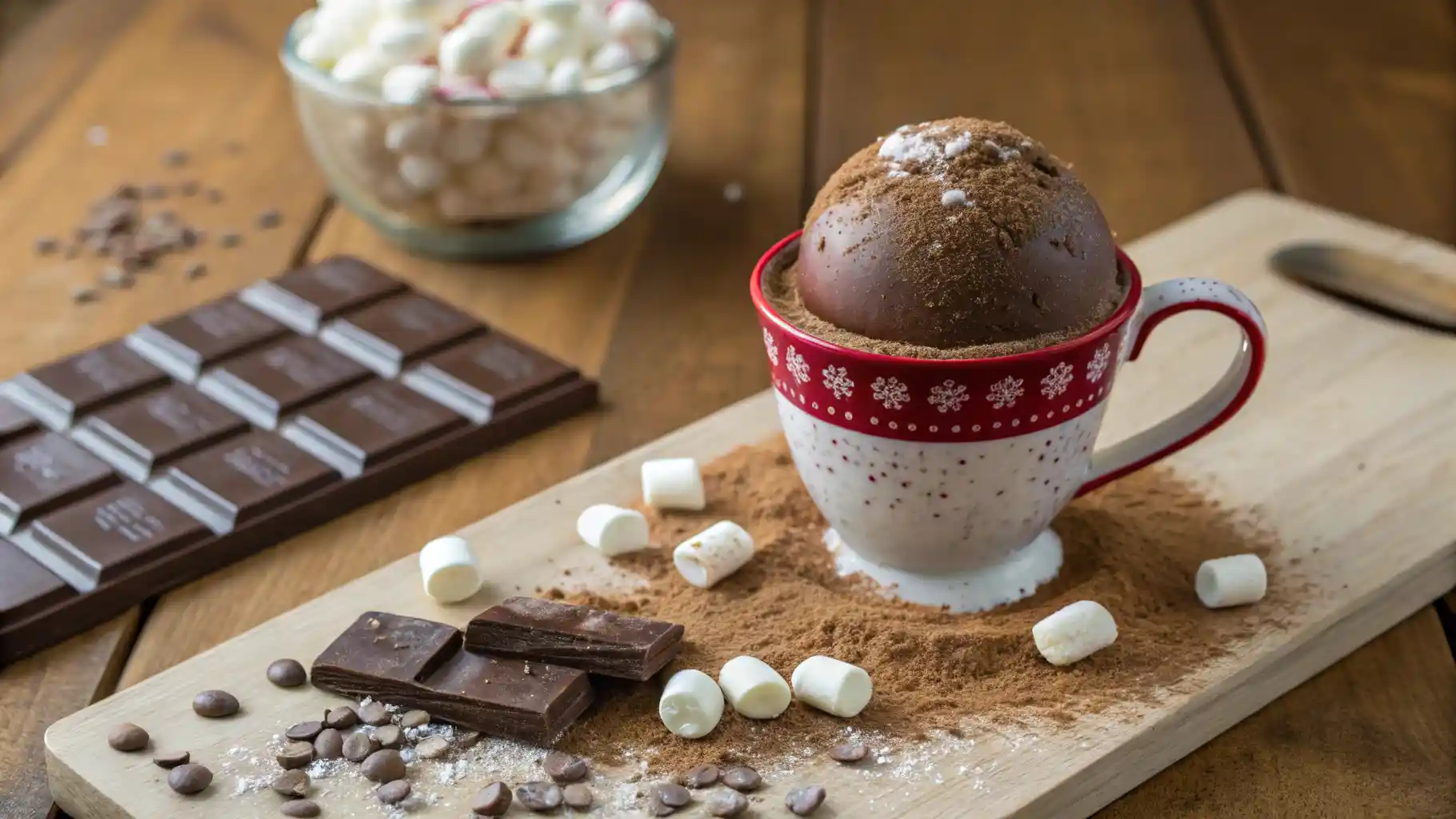 A homemade hot chocolate bomb ready to be dropped into warm milk.