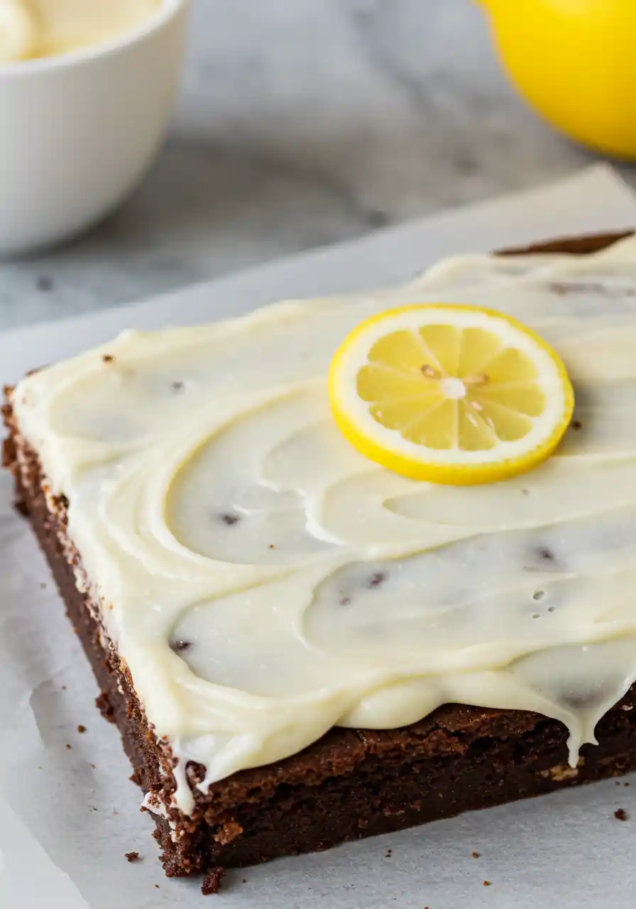 Homemade frosted lemon brownies with creamy lemon glaze on a white plate, garnished with lemon zest.