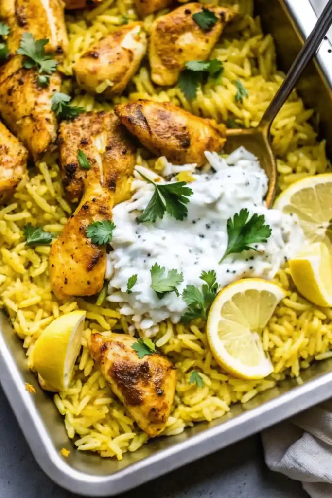 Mediterranean Chicken Tzatziki Rice Bake (One-Pan Healthy Dinner) 2 Chicken Tzatziki Rice